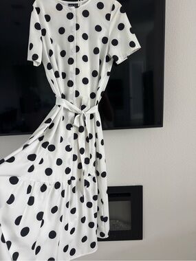 Polka Dot Button-Front Tie-Waist Dress - White/Black